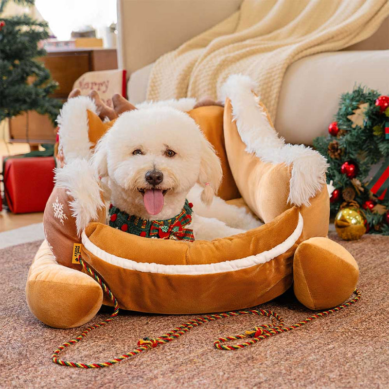 Cama de cachorro aconchegante e de pelúcia festiva - Trenó de Natal